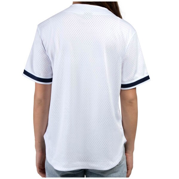 back view of model wearing women's white Penn State baseball jersey